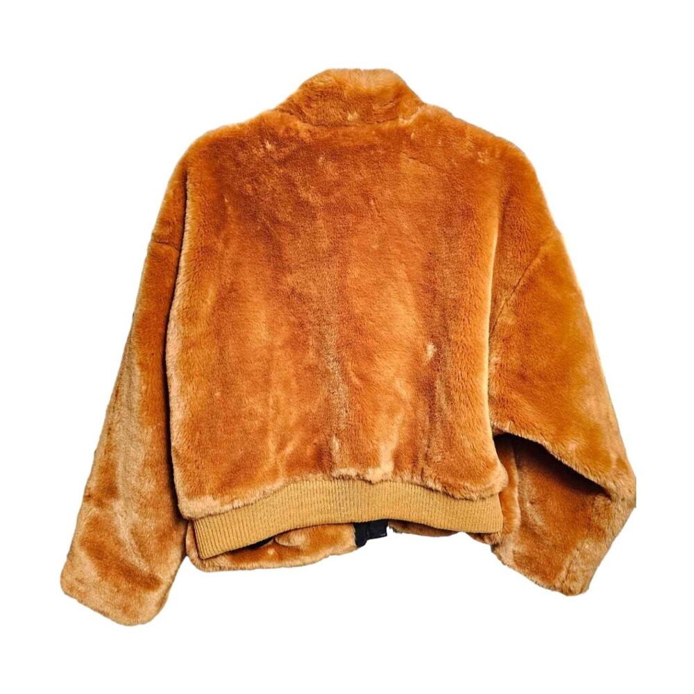 Free People Furry Bomber Jacket Brown/ Orange Zip Up Cozy XS - Picture 5 of 15